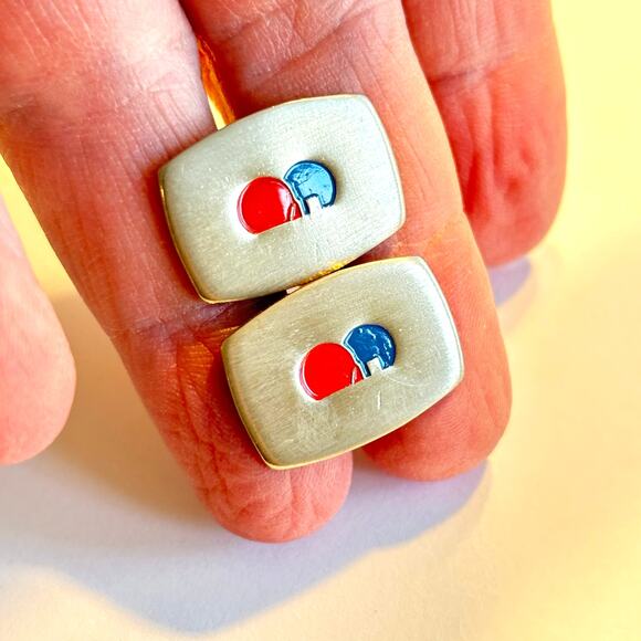 Silver cufflinks with red & blue enamel design unique mid century modernist - Picture 6 of 7